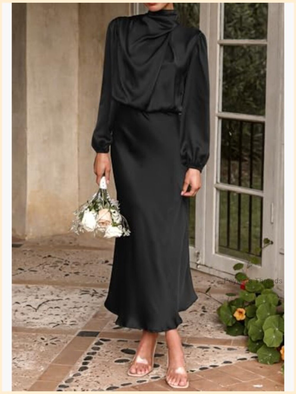 Long Sleeve Mock Neck Satin Maxi Dress Formal Party - Picture 6 of 7